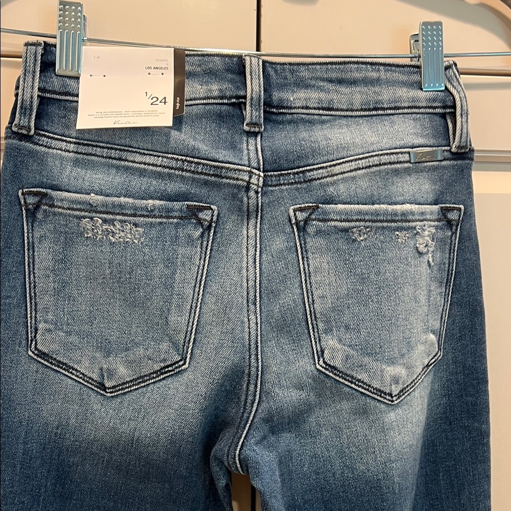 KanCan Dark Blue High-Rise Flare Jeans with Frayed Hem 24/32 - Picture 6 of 13